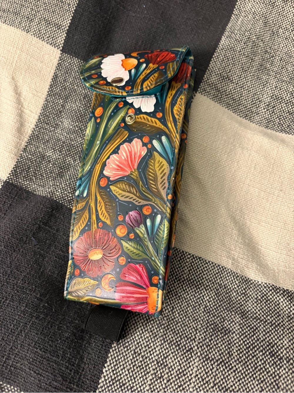 Floral Painted Faux-Leather pencil or paintbrush Case - Teal Background